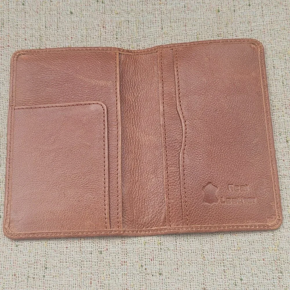 Travel Passport Holder Card Holder Brown Real Genuine Leather Handmade Purse - Picture 4 of 11